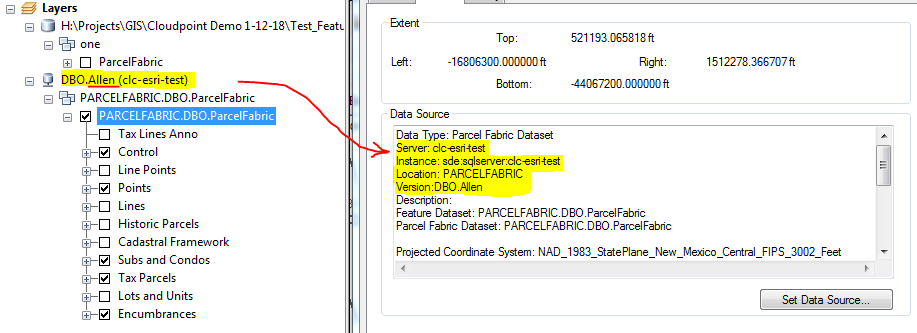 In ARC Map, how the data set looks.  It still points to original SDE database.